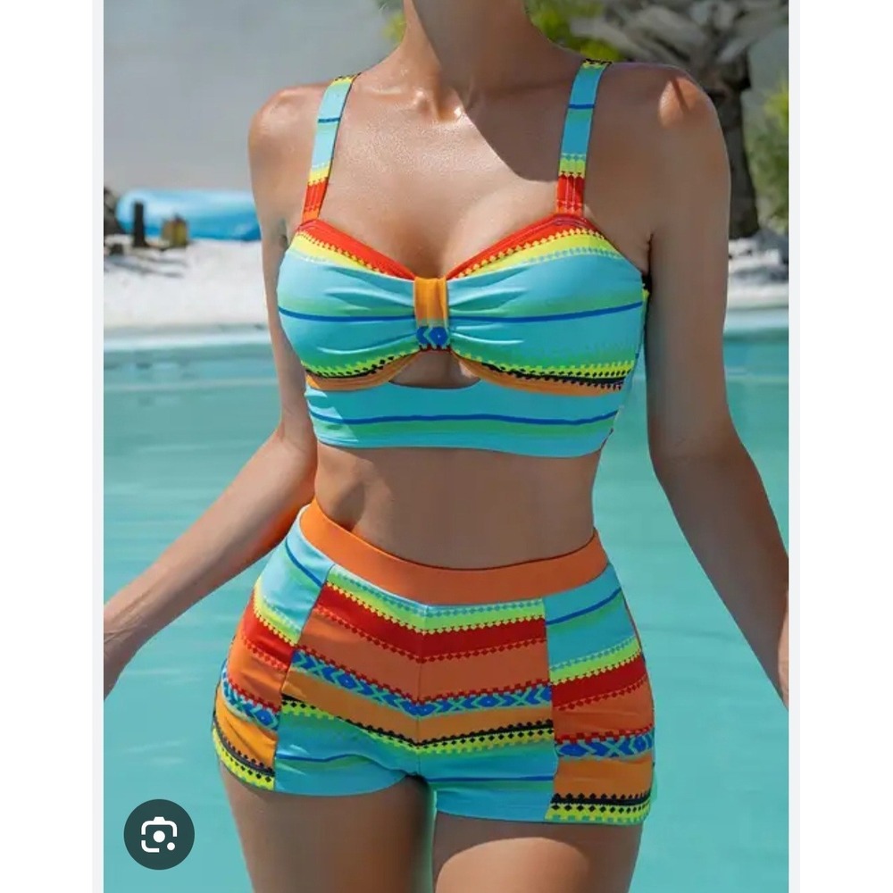 2 Piece Swimsuit Bralette With Boy Shorts XL Multicolor Aztec Southwest Newโ
